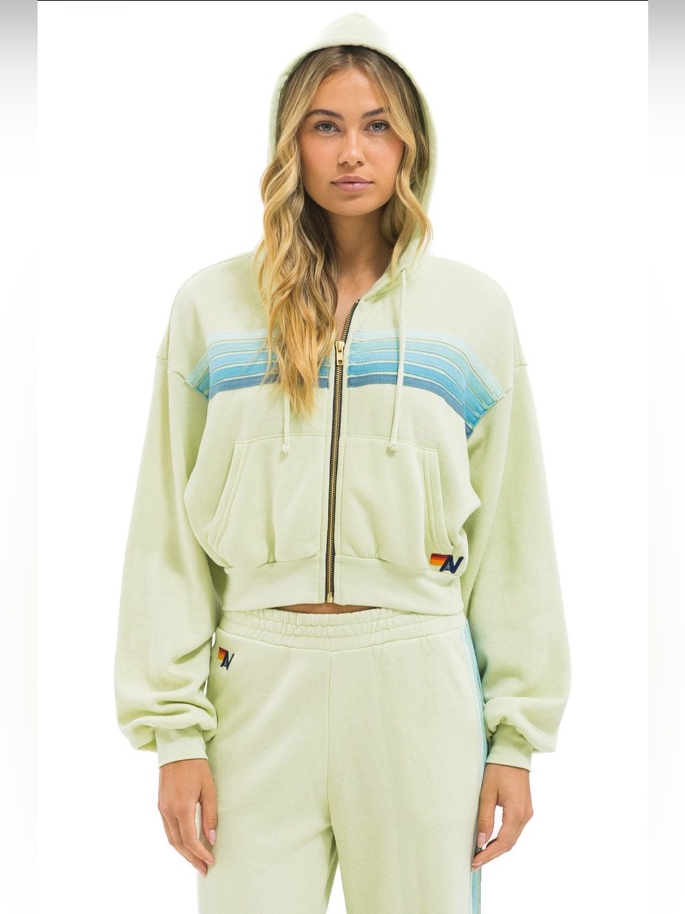 AVIATOR NATION NIP ๐ 5 STRIPE CROPPED ZIP HOODIE RELAXED LIME CREAM SEAFOAM ๐
XS - Picture 4 of 13